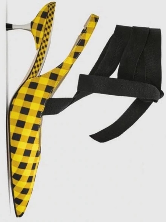 Zara Yellow & Black Check Kitten Heel Slingbacks with Ribbon Ties, Size 9, NWT - Picture 3 of 9